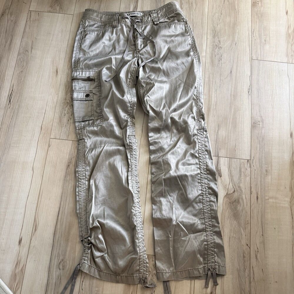 Vtg Y2k Satin Express Cargo Pants Chino Silver Gray Metallic Low Rise Cinch 8